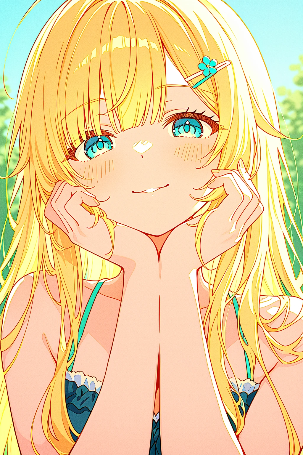 (​masterpiece)、(top-quality)、(extremly tiny bikini:1.5)、(blushed face:1.3)、(hide your chest with both hands:1.5)、Almost naked、a beauty girl、Embarrassed look、A slight smil、a very cute、Clear eyes、Shining eyes、large udder、Tummy is visible、cleavage of the breast、lower abdom、An ultra-high picture quality、ultra-definition、Photorealsitic、Golden hair