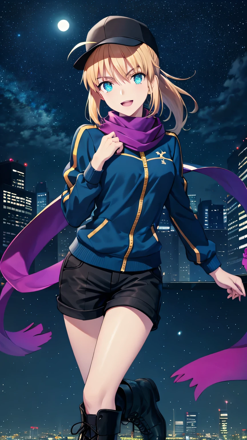 {{{masterpiece}}}, (best quality:1.5), (ultra-detailed:1.5), {illustration}, {{an extremely delicate and beautiful}}, (beautiful detailed eyes:1.5), absurdres, highres, extremely detailed face, 16k, hd, visual anime de uma jovem mulher, extremamente bonito rosto de anime, anime melhor garota, (perfect hands, perfect anatomy), anime face, Artoria Pendragon(Fate stay night), phSaber, 1girl, solo, cute face, blonde hair, short hair, black hair ribbon, braided bun, single hair bun, ahoge, bangs, sidelocks, blue eyes, pale skin, medium breasts, big hips, curvaceous, BREAK, HeroineX, baseball cap, black cap, hair through headwear, (ponytail:1.3), (long hair:1.4), blue jacket, track jacket, Long sleeves, blue scarf, (very long scarf:1.3), black shorts, thighhigs lace-up boots, cross laced footwear, knee boots, black boots, thighs, BREAK, reach out your hand, sky above, floating, above the clouds, smirk, cool face, open mouth, looking at viewer, outdoor, night, city night view, night sky, moon