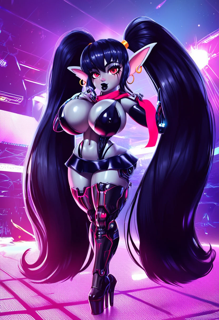 (Masterpiece), huge mechanical hips, Breast expansion sequence, Ass Expansion, young woman, Porn star idol, thick, curvy, voluptuous, Perki, scenery, solo, Shiny skin, Source_anime, detail cheekbones, huge fake breasts, high profile fake breasts, big areolas, pointy areolas, black lipstick, bimbolips, big lips, enormous cleavage, long lenght siletto nails, enormous butt, big ass, BUTTCHEECKS implants, wide booty, Very long legs, legs longer then rest of body, navel, earrings, many earrings on ears, ears coverd in earrings , pointy ears, PoppyLoLXL, yordle, shortstack, red eyes, black hair, enormously long twintails, heavy face makeup, grey skin, colored skin, red scarf, tight too small tank top, extremely short tight straight skirt, low cut skirt, black platform ballet high heels boots 30cm, seductive looking at viewer, pornstar idol, performing on stage, cyber, mechanical body parts, cybernetic Hourglass, cybernetic implants, cybernetic face implant , facial cybernetic implants, cybernetic facial plate, blend of organic and invasive mechanical elements, futuristic, cybernetic, cybernetic eyes, cybernetic breasts, cybernetic, cybernetic torso, limbs, cybernetic legs, detailed, intricate, modeling, (model stage in background),