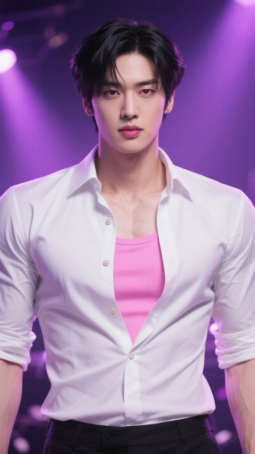 (8k, RAW Photos, Highest quality) masterpiece, 1 teenager, 18-year-old, Asian Muscular Man Watching the Viewer, Stand in front, Exposing his huge muscular chest, Puffy nipples, Sexy Six Pack, Tight waist, good looking, topless, Thick body hair, A man wearing thong underwear , Gradient Background, Shine & Sequin Backdrops , Cinema Lighting, Ultra-high resolution , KPOP idol