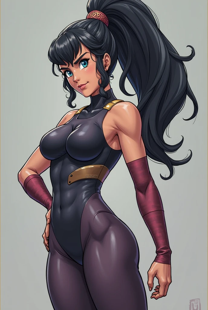 Illustration of Nicki Minaj as Betsy Braddock Psylocke, ((dark skin)) toned skin, black hair, chubby, (medium breasts), dark purplish blue leotard, loose dark red lace belt, long dark purplish blue gloves, bare thighs, background