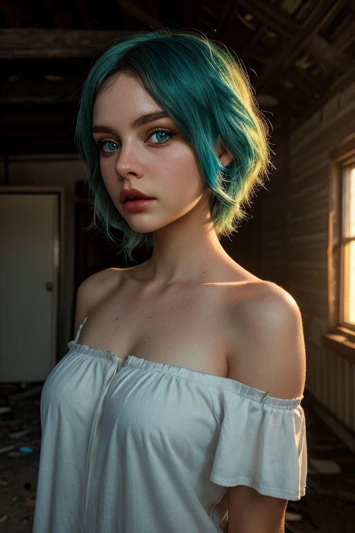 (masterpiece, best quality:1.2), finely detailed beautiful eyes, detailed background, 1girl, t-shirt, solo, short hair, blue hair, green hair, bangs, multicolored hair, upper body, looking at viewer, realistic, <lora:A3DStyle:1>, <lora:add_detail:1>