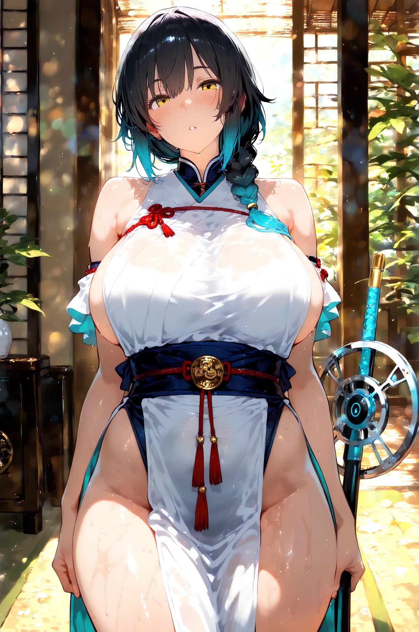 Super huge Super huge Super Giant Chest、A dark-haired、Ahoge,single braid ponytail、top-quality、Beautuful Women、Beautiful Kyoto background、Beautiful gramophone、smile、