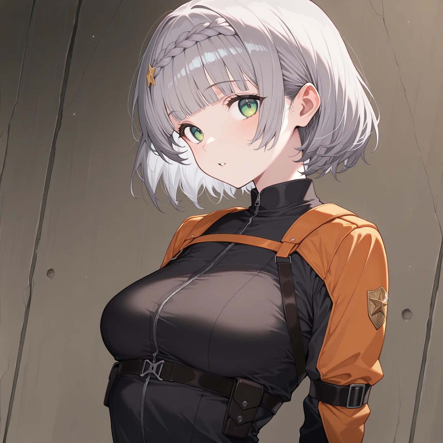 1girl, solo, techwear, open jacket, thick thighs, huge breasts, covered nipples, straps, buckles, multiple belts, science fiction, standing in a wasteland, grey eyes, gradient eyes, short hair, wavy hair, ahoe, grey hair, split-color hair, detailed background, exited, <lora:add_detail:0.3>,