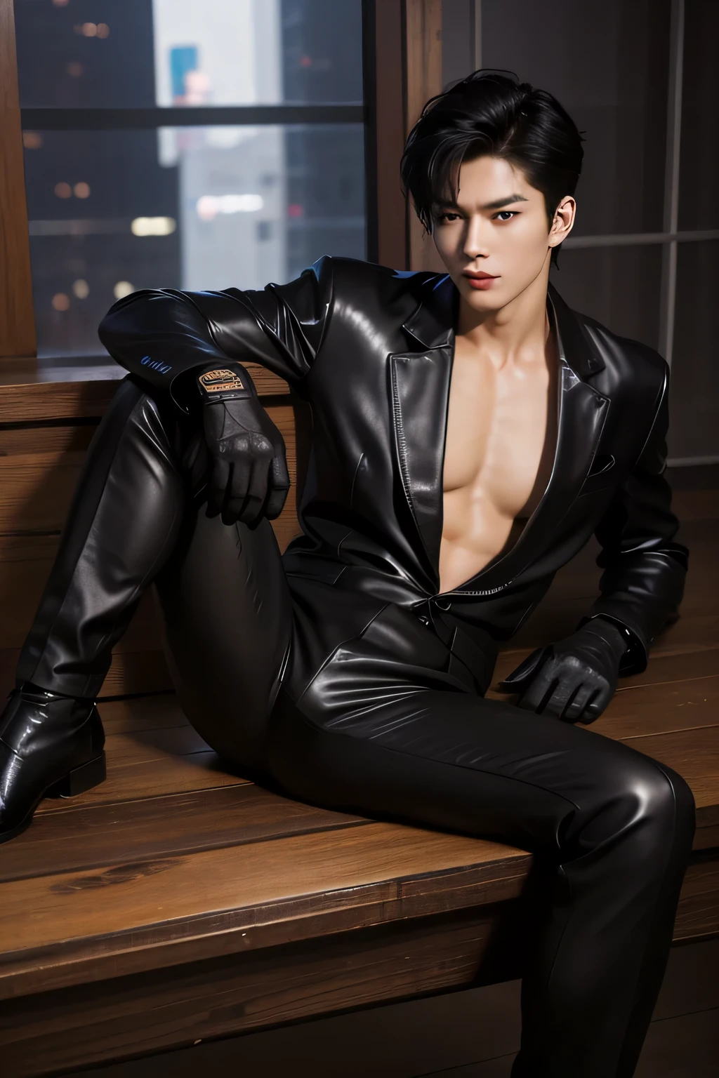 male，Thin waist, Broad shoulders，Long legs，short hair，Song Weilong wearing black latex suit、Wear latex gloves，Abdominal muscles，Whole body appearance，Chest muscles，Physical Education student，No beard，Squat，no body hair，Black leather boots，No chest hair，No beard，Push your abdomen forward，The whole body is facing the camera，pain，Crotch protrusion，Show your crotch，Upturned buttocks，Obscene bra strap，Neck strap，Wearing black cat earrings，Boys
