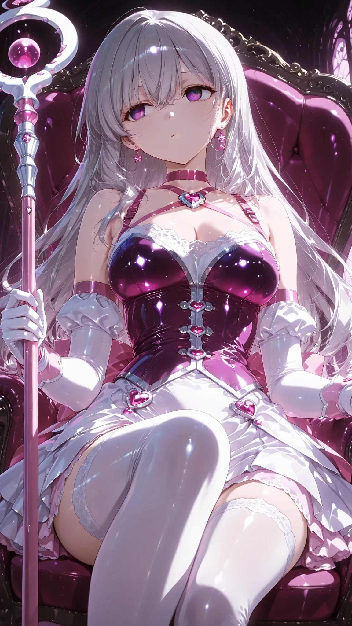 {{masterpiece, best quality, extremely detailed CG, unity 8k wallpaper,anatomically correct,ultra resolution}},Award-winning photography,(best illumination,Very Delicate and Beautiful),{one girl,solo},goth,gothic,full body view, seductive,(elegant silver hair),pink eyes,(extremely beautiful and detailed face:1.2), (extremely beautiful and detailed eyes:1.2),perfect hands,((elegant tight dress,gigantic breasts,looking at viewer,dark persona,sexy,(lust),((night, dark atmosphere, dramatic shadows,(pink Luminescent Particles:1.4),{perfect human body structure with maximum precision}, enormous breasts, tight dress, royal, royalty, magical, sexy eyes, open mouth, fangs, sexy smile, sexy expression, cold, voluptuous, hourglass figure, heart, hearts, heart choker, form fitting dress, hand on hip, slim waist, slim body, elegant, crown, pink chest tattoo, pink tattoos, heart eyes, heart nipple covers, nipple pasties, pasties, tutu, frilly skirt, skirt, dress skirt, lifting skirt,