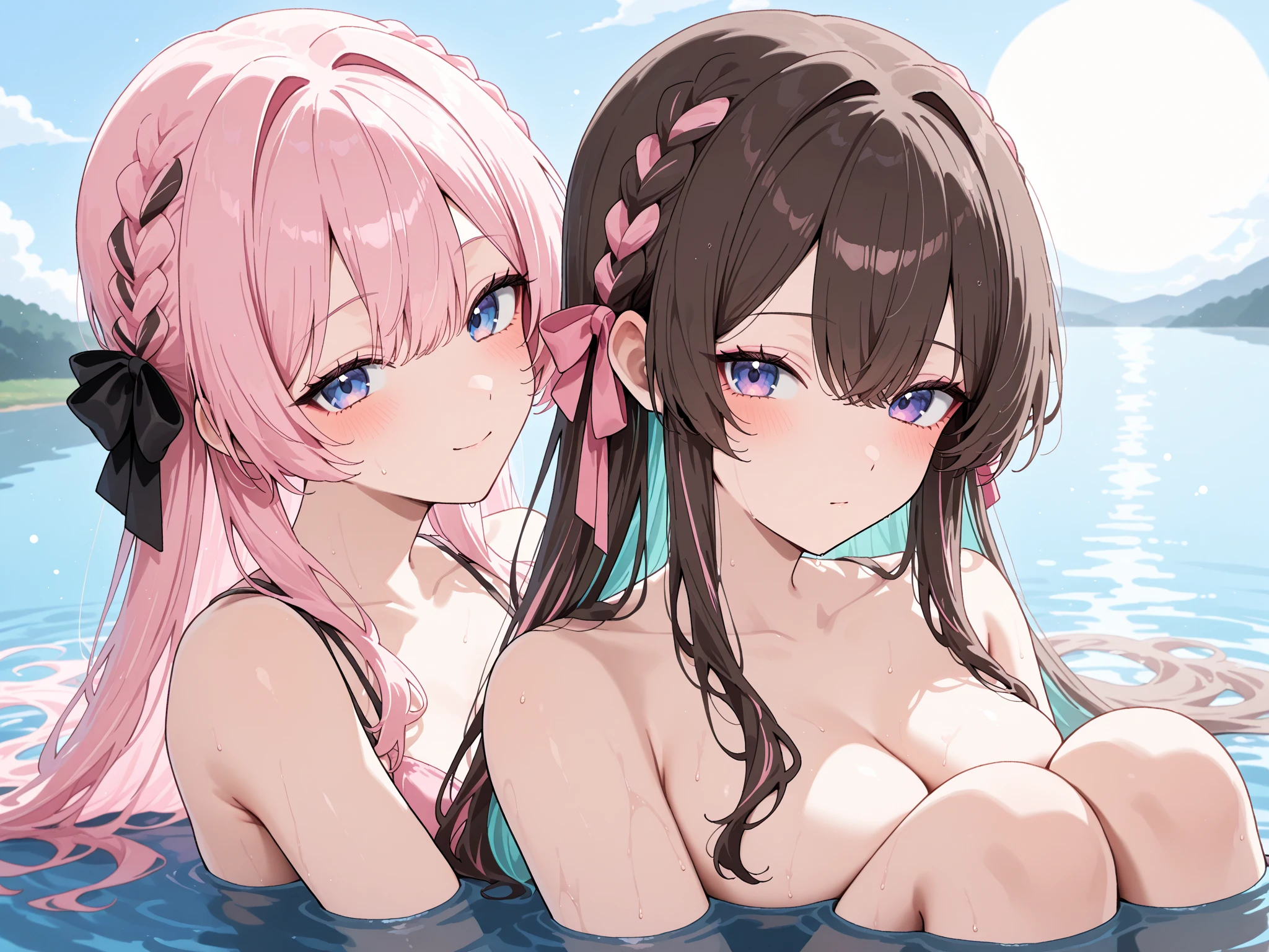 2girls,A pink-haired,long whitr hair,mediuml breasts,Breast collision,fully nude, nfsfw