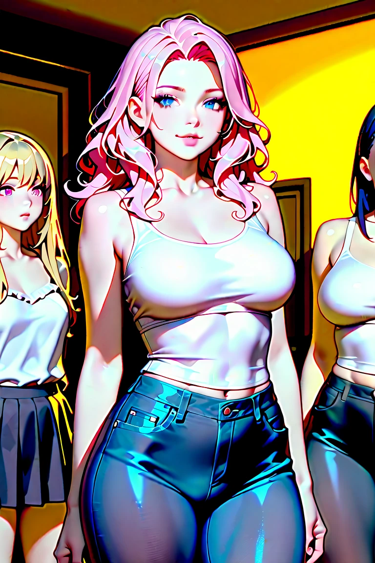 Three healthy-skinned beauties, lesbians, staring into the eyes, muscles clearly visible, kissing and licking each other, saliva flowing from the corners of the mouth, vanilla ice cream melting, cream cheese syrup dripping, posing provocatively, breasts touching each other, nipples visible .        Clothes can accidentally unravel (come apart), get stuck (causing the garment to pull on the hips), short T-shirt waist spaghetti straps can rip exaggeratedly, and tops can slip off (causing exposure).      The expression is fiery and defiant.        (Masterpiece, best quality: 1.2), exaggerated blonde, beauty, pink hair, glossy skin, seductive pose, cleavage, wet skin, exposed breasts, big breasts, breast detail, healthy skin, The exaggeratedly damaged mini shorts exposed her buttocks, and the pants slipped down the side of her thighs, and a large amount of thick white liquid leaked out between her legs.       Amazing ass and spread legs.        Details: Spread your legs, M-shaped legs, your eyes are super beautiful and shining during orgasm, and your big breasts reveal your cleavage.         Light pink nipples.         navel, muscular, legs spread, juicy, wet, seductive, big breasts, cleavage exposed, navel, oily skin, blonde, long straight hair, schoolgirl cut, cosplay, late night, wet, sweaty armpits, (exquisite Face shape))): 1.6), Field Bokeh, (Detailed Background), Perfect Layered Crop, (Full Body Shot/Cowboy Shot/Side View), 8K, Gorgeous Lips, (Masterpiece), ((Best) Quality), (Super Detailed)), ((Sexy; 1.5)) Very beautiful, richly illustrated, perfectly composed, intricately detailed, extremely fine facial details, (Anime, Masterpiece, Complex: 1.3), (Highest Quality, Characteristic Textures, High Detail: 1.2), (4k), (Extreme Detail: 1.4) Moody Lighting