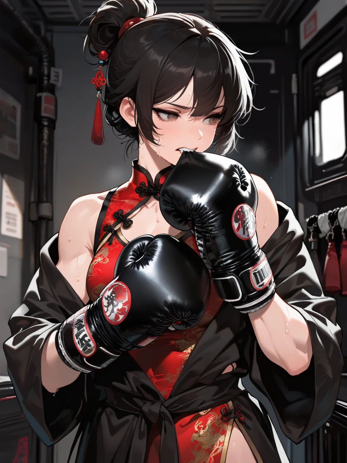 high quality, girl, Black straight hair, Red eyes, provocative,blush,Wearing cheongsam, Black garter stockings,high-heel boots,Wearing white boxing gloves, Hands in boxing gloves,Cleavage,nipple,Long legs,Sitting in the ring