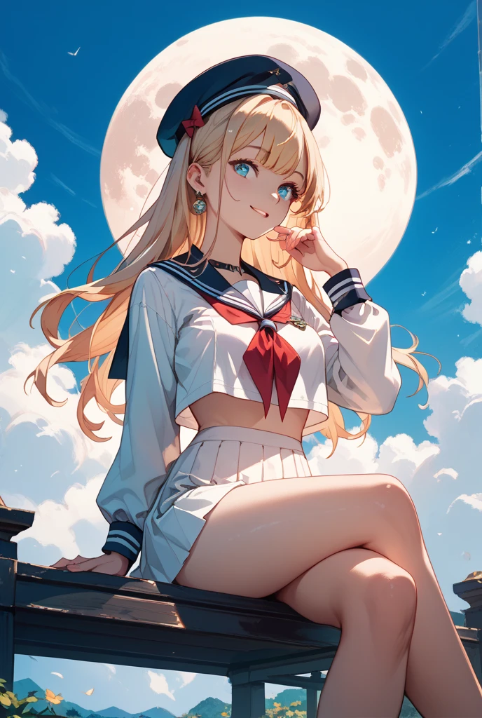 A lively, cute and pure girl wears a bow on her head,In sailor suit(Modern style) white stockings(White in red)Perfect body proportions, sitting posture with the moon in shame