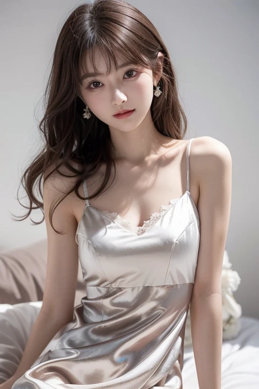 Masterpiece, High Quality, High Resolution, (Super Detail) ), (Wallpaper), ((Face) Detail),masterpiece, One woman per photo, Full Body Shot,Underarm、 Composition looking down at the subject from above, Young and beautiful woman in Japan, Smiling super cute face, short hair, She is wearing a sleeveless white silk satin chemise with white lace.,White panties、 Small breasts、skinny、Glossy Lips, Attractive person, She is lying on her back on a silk bed with her legs spread apart, Silk pillow, Silk bed sheets, Double eyelids on both eyes, Natural Makeup, Long eyelashes, Shiny and smooth light brown hair, Asymmetrical bangs, Fair skin, Center image, 8K resolution, High detail, Detailed hairstyle, Detailed face, Spectacular movie lighting, Vibrant, Ultra-realistic, Perfect limbs, Perfect Anatomy,Beautiful teeth alignment