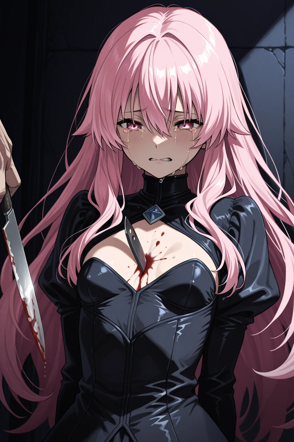 blood, patchwork skin, stitched face, multicolored skin, multiple scars, scar, zombie, colored skin, veiny breasts, veins, anger vein, stitches, open mouth, blue skin, blood on face, nosebleed, blood on clothes, expressionless, emotionless, saliva 1girl, masterpiece, highres, upperbody,blonde hair,pink hair, blue eyes, multicolored hair, RikaKawaiR4,red jacket,choker