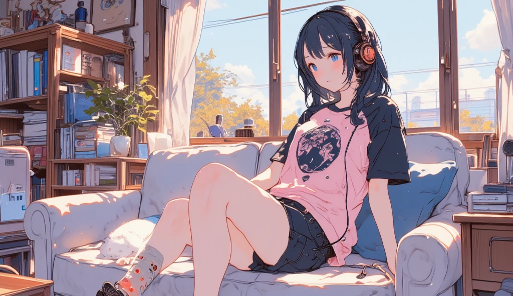 Beautiful colors,sketch,watercolor,By fuzichoco,Hilarious (Yanmar Gauge),From wlop,((Great quality)),One Girl,(Understood (Blue Archive)),(Beautiful feet),Sitting,Headphones,Upper body rest (Beautiful colors,detailed,Highest quality,Great quality,so beautiful),T-Shirts,Cowboy Shot,(Ray Tracing),Written boundary depth,Lighting and Shadows,(perspective),Lighting particles,colorful,indoor,masterpiece,