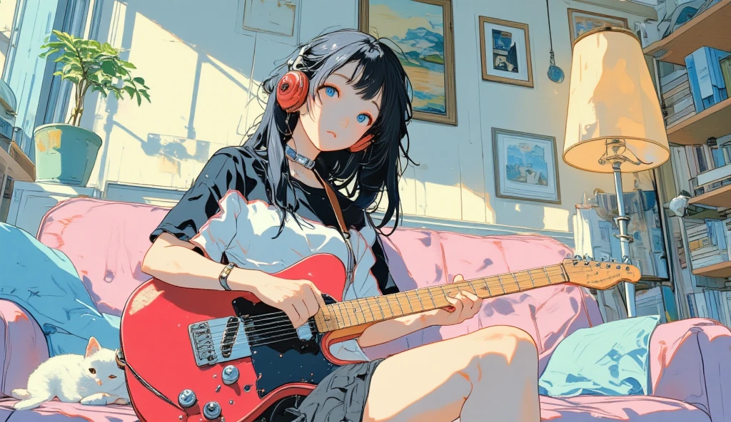 (masterpiece:1.2, best quality), (highly detailed:1.3), 1girl, 17yo, (white panties), open shirt, breast, socks, play electric guitar, sitting on bed, eyes closed, morning light,