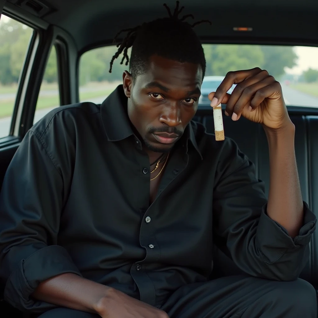 a tall dark skinned guy with a small tattoo on the left side of his face, black clothing, a turtleneck t-shirt, leaning towards the sub-groung rap style, on the beach leaning against the wall smoking