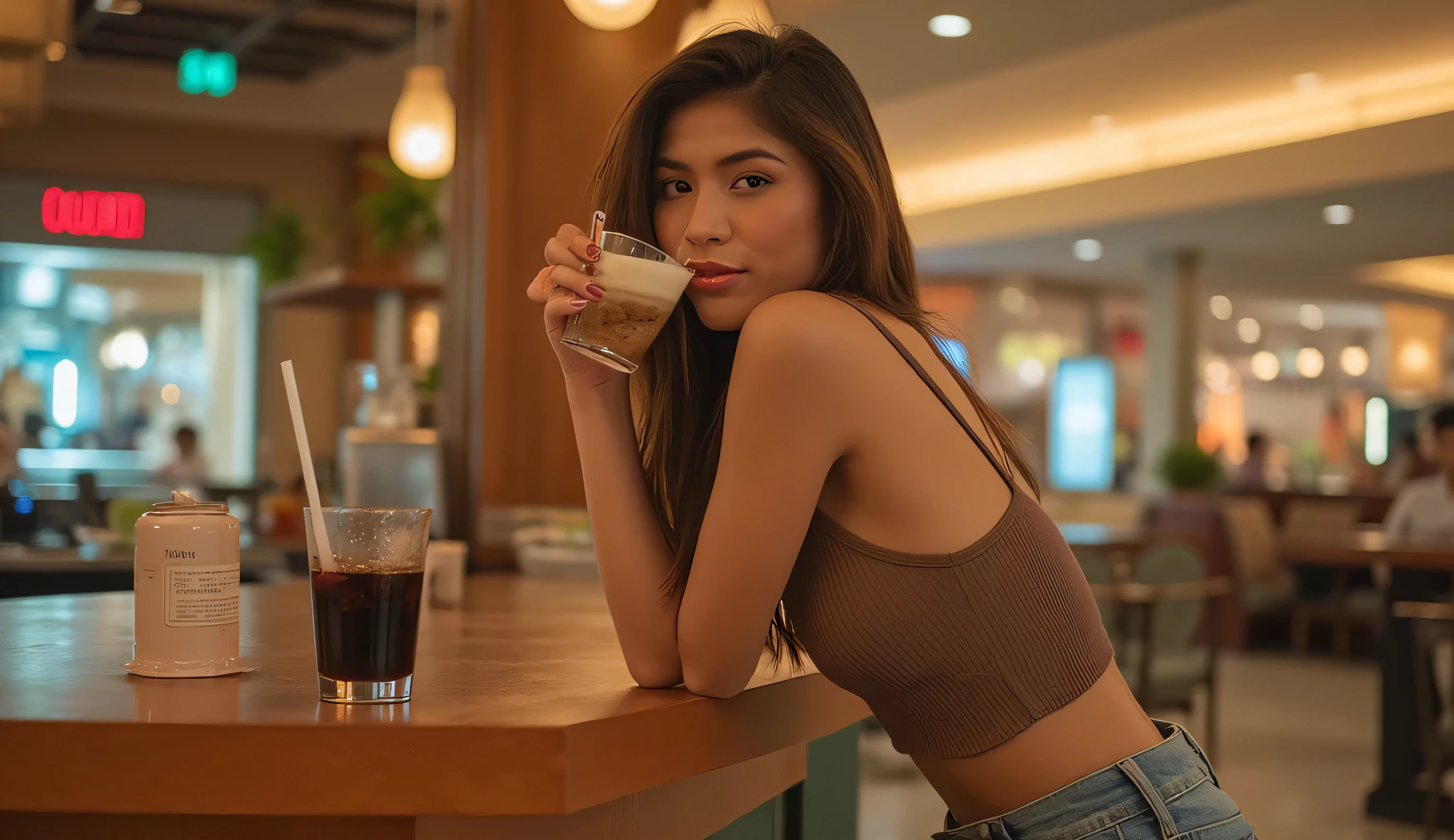 Alluring portrait of a radiant woman enjoying a drink at a mall café counter. Dressed in a snug top with a plunging neckline and high-waisted denim shorts, she leans on the counter, her hair swept to one side. The blurred café background and warm overhead lights add to the cozy, seductive mood.