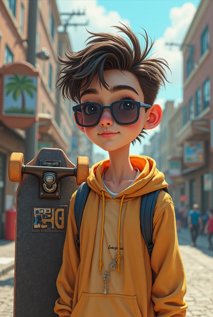 A teenage male with dark brown eyes, with broken hair, thick lips, high, thin and with surprise expression, put on oakley sunglasses,3d render