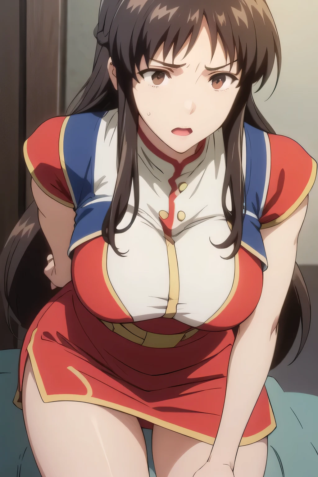 A beautiful anime-style girl, Yaoyorozu, with big eyes, long eyelashes, and a gorgeous face, wearing a sexy, revealing outfit that shows off her big round breasts and thighs, sitting at a bar in an anime-inspired cell shading art style, masterpiece, best quality, 8k, high resolution, ultra-detailed, realistic, photorealistic , blush , legs spread , pussy
