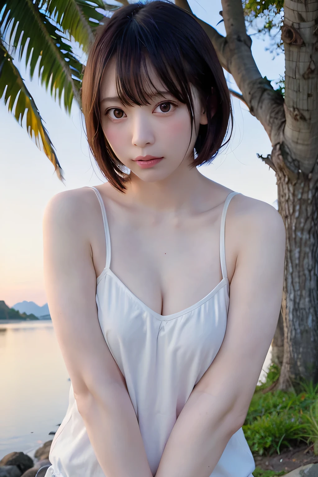 8k, raw photo, best quality, hires, realistic, photorealistic, extremely detailed 8k wallpaper, beautifully detailed eyes, finely detailed face,
 break 
strong rim backlighting to cameltoe, bokeh,
 break 
perfectly anatomically correct:1.2,
 break 
a range of volcano mountains in the distance is silhouetted against the sky creating a serene backdrop with gentle slopes, rocky hills,
[the image captures a tranquil seaside landscape during sunset, evident from the soft and warm light casting an inviting glow across the scene],
stretching across the foreground is a tidal flat with its wet terrain revealing reflective patches of water among the dark and uneven surface,
the calm and expansive sea meets the horizon beyond the beach,
its waters transitioning from darker tones to a lighter shade near the horizon under the fading daylight,
the coastline curves inward marked by lush greenery and several structures partially obscured by trees,
[the sky above is clear with just a hint of soft pastel colors blending into the blue and suggesting the approach of evening],
[the overall mood is peaceful and imbued with the soothing colors and tranquil atmosphere characteristic of a quiet coastal scene],

1 female, kawaii, short bob cut,
SHIMAMURA sheer long shirts + short pants,
(expanded hands between legs desirably),
heavily elevated cameltoe,
curvy thighs,
an ultimate state of feeling so ecstacy that stars appear in the brain,
pointy breasts,
cute natural anime face,
looking back viewer:1.0,
symmetrical clear eyes, chocolate color eyes with captivating reflections,
symmetrical face line, stereoscopic projection of  face,
wide-set eyes, gentle narrow eyes, double eyelids, [tareme], reverse banana-shaped round eyes, [moderate eye bags],
small face, round face, rounded jaw, oval-shaped face, [thin lips, small nose, chiseled face, blush, embarrassed], healthy skin color,
 break 
dynamic shot from side, low angle, soft contrast, soft saturation