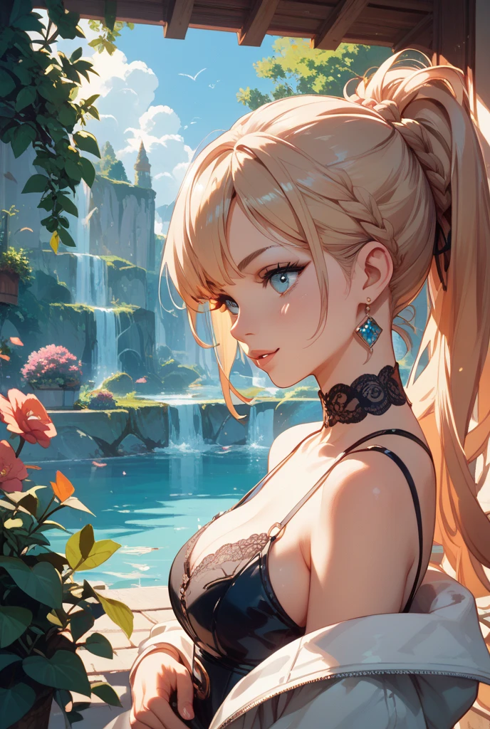 A beautiful detailed girl in a balcony, wearing headphones and listening to music, surrounded by a gorgeous sky with warm sunshine, detailed facial features, elegant pose, intricate balcony railing, lush greenery in the background, cinematic lighting, vibrant colors, photorealistic, highly detailed, masterpiece