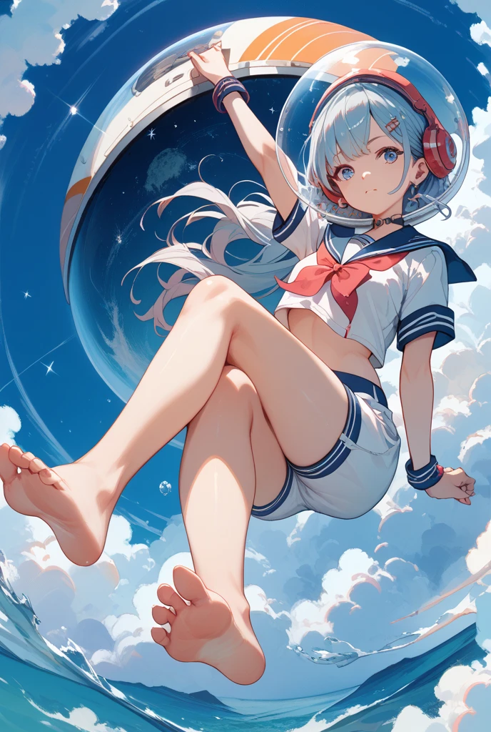Clouds， The woman stretched out her foot，The ball of the foot is most accurate in front，There is a blush on the face，It is surrounded by white liquid
