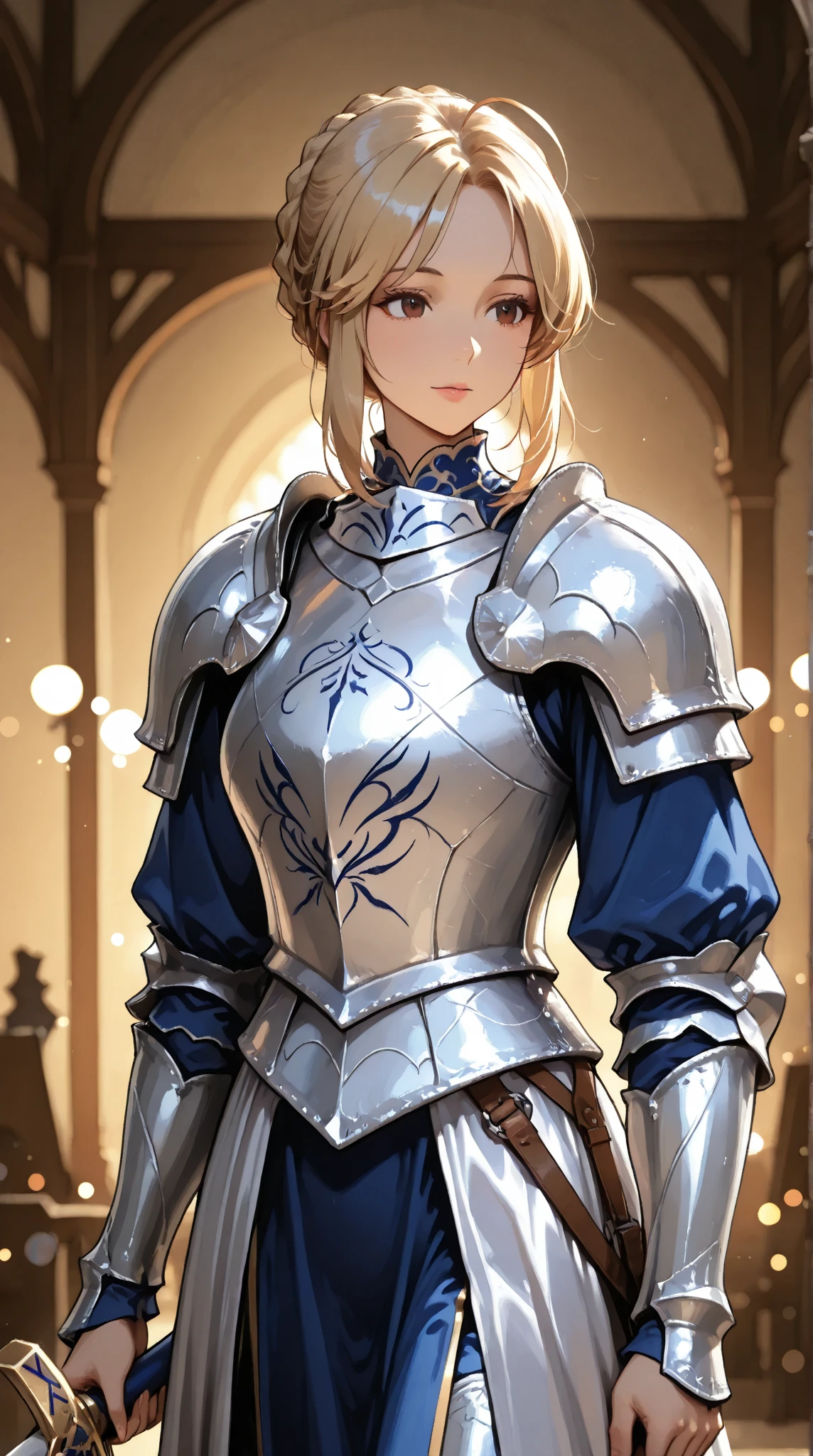 high quality,Masterpiece,HD,Correct technology,Middle-aged woman,40 years old,Married,Good posture,beautiful and moving,exquisite beauty，mature face,Blonde hair,Brown eyes,full,Charming and elegant,Married妇女,Knights of the medieval kingdom,Silver white armor,A hideous mask holding a large sword ,with strong eyes,ALTORIA,Fine Details,major照明,High dynamic range,超HD,Extreme Details,major,Vivid colors,Bokeh effect