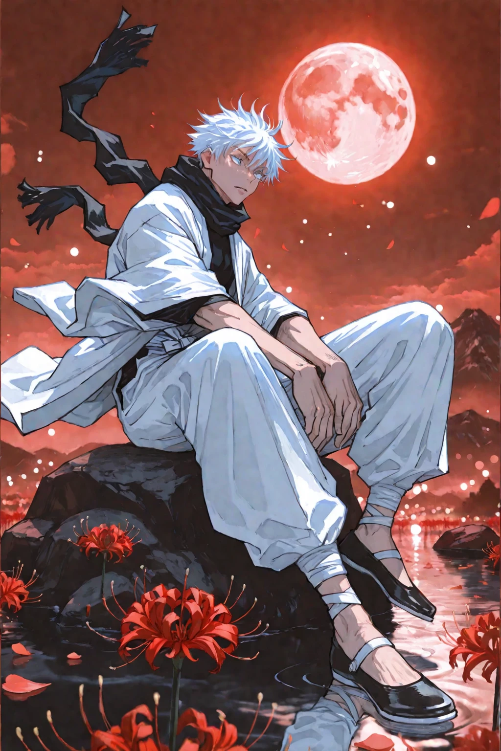 Mature man standing on a field of tulips, kimono, raining, night, moon, wet clothes, detailed background, white hair, muscle, spiked hair, semi bare chest, mountains, open kimono, artwork, detailed face, hyper detailed, 8k, highly detailed, intricate details, dramatic composition,