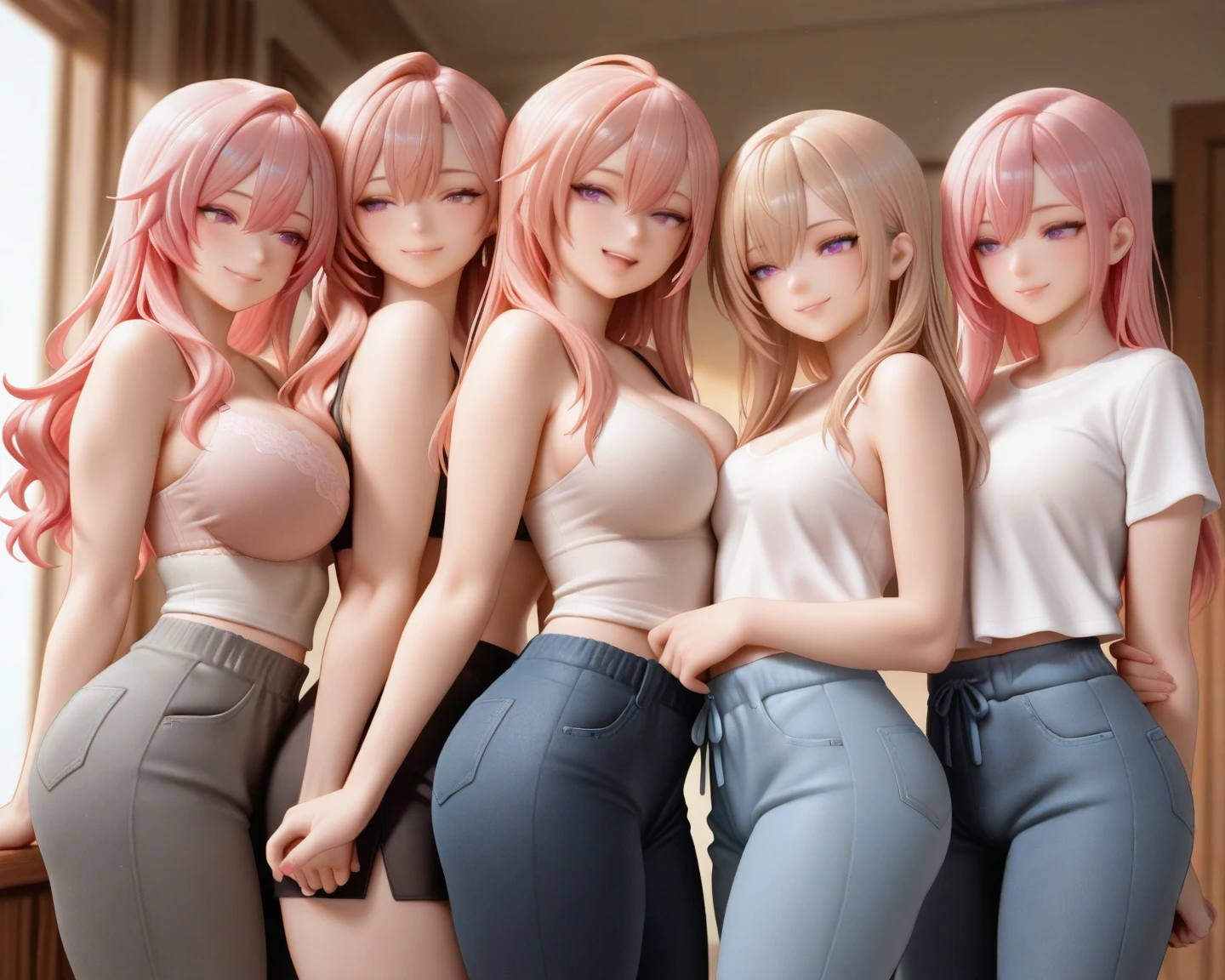 a beautiful women, standing, unkempt pink hair, small breasts, huge ass, Perfect Ratios, High resolution, Highest quality, super alta qualidade, Super Detail, ultra hyperrealistic, Photorealistic, dark bushy eyebrows, dark bushy pubic hair, muscular, freckles on body, naked, facing front, beautiful eyes, posing