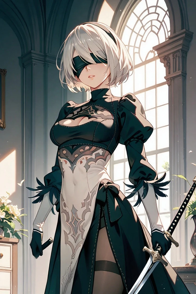 2b, 2b, (black Blindfolded:1.5), black Headband, Blindfolded, Headband, short hair, White hair, (Blindfold:1.7),
rest black skirt, black High Leg Raise, boots, Cleavage incision, Garment cutting, Headband, High heel, Long sleeve, , Side slits, skirt, thigh boots, High Leg Raise,
rest looking at viewer, whole body,
rest outdoors,
rest (masterpiece:1.2), best quality, high resolution, Unity 8K wallpaper, (illustration:0.8), (Beautiful and delicate eyes:1.6), Extremely detailed face, Perfect lighting, Extremely detailed CG, (Perfect hands, Perfect anatomical structure),