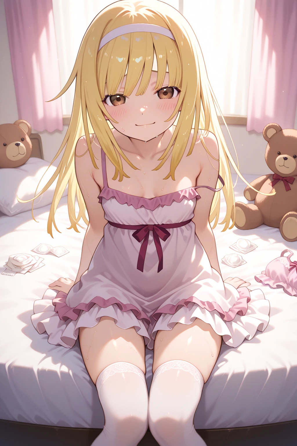 ((Masterpiece)), ((best quality)), (8K), (wide shot), sidelighting, (detailed background:1.2), (super detail:1.2),(High Definition:1.3), (Professional Photography:1.2), (very aesthetic:1.2), (absurdres:1.2), (sharp focus), ((1girl)), Cute teenage Girl, (Textured skin), (Realistic skin), (blonde hair, gradient hair, fluorescent-pink colors Hair Tip, low pigtails), (loose long bangs), Beautiful collarbone, (Healthy Gaunt body), seductive smile, (open mouth wide, skin fang), blush, BREAK, head tilt, (loose white camisole, Silk Fabric camisole), ruffled skirt, (slightly exposed small chest), Fine gemstone pendant, loose arm up, (pale purple eyes, gradient eyes, upturned eyes), (cute cheeks), glossy lips, (lower eyelashes), (loose sitting outside the Mossy ground, outstretched legs), Wet cave entrance,