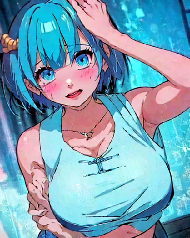 score_9, score_8_up, score_7_up, best quality,masterpiece,ultra-detailed,realistic, photo-realistic,High-definition face drawing,RAW photo,official art,detailed background, (wearing clothes:1.5), (dynamic pose:1.2), (imagination of joy),(Nice face), multicolored hair, (Dip dye hair:1.1), blue mucus floating around, Slime Girl,covered in blue slime, (partially transparent), (Wet with water), (blue sweat), Slimy blue liquid dripping from her body. Her hair is also covered in blue slime. blue slime scatters, Blue hair, blue eyes, (Intricate and colorful biomechanical bodysuit: 1.2), (Zentangle: 1.2), (Mandala: 1.2), (Entanglement: 1.2), ninja, bare shoulders, detached sleeves, cleavageThe blue sky reflected in a puddle
