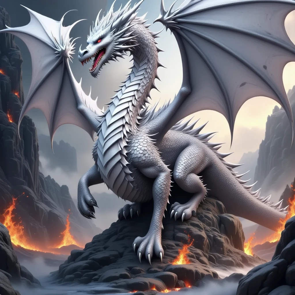 extreme long shot, heroic view, BREAK, A silver dragon with (2 wings) on a cloud shrouded mountain top, ((((falling snow )))), BREAK, BREAK, mystical creature, realistic, ultra detailed, majestic, masterpiece, dynamic pose, sun rise lighting, snowy mountain top background