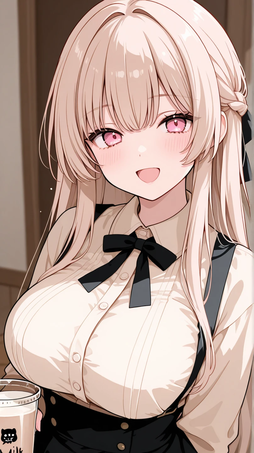 chibi {Girl with shoulder-length pink straight hair named Rico}, school costume,tall,'', (It feels like saying Hello, daytime hours), indoor,{going out style}, ((Heart-shaped choker) ), (bedroom), Bright background, Mole under the eye, Heart-shaped choker, ((Masterpiece)), Highly detailed CG Unity 8k wallpaper), Top quality, One girl, Detailed background, beautifully detailed eyes, heart shaped pupils,hollow eyes, (very delicate and beautiful)), ((beautiful) eyes (detailed description),large breasts,bra,bodysuits,lace underware