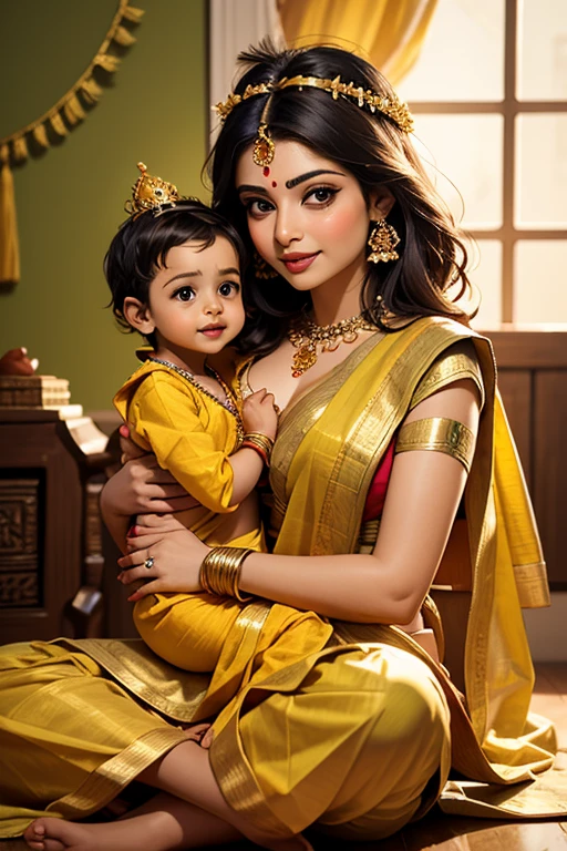 A beautiful indian hindu princess of fair complexion in indian red gold plated saree and gold jewellery, long black weavy hair, heavy black long eyelashes, beautiful detailed face, holding a newborn cute baby boy in her arms and latching the baby to her breast.