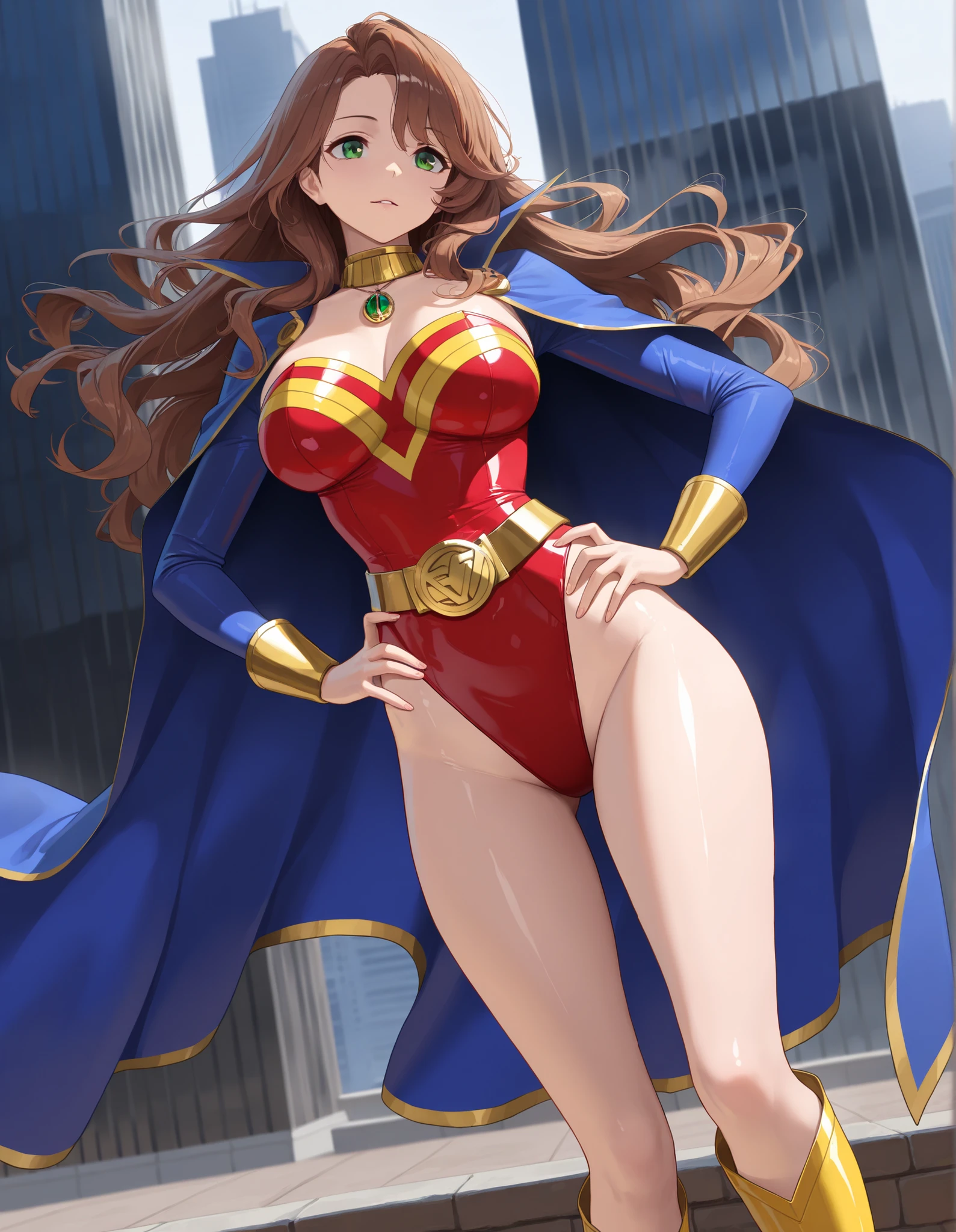 masterpiece, best quality, beautiful art, high resolution, well formed hands, body and fingers, 1 woman, solo, Yuri Dirty Pair, adult, grown up, big breasted, cleavage, full body, long hair, gorgeous legs and thighs, smile, wearing a 70's wonder woman outfit, sexy and skimpy outfit, sexy heroine costume, tiara, golden lasso, she is fighting in a combat match at a martial arts tournament, she is getting ready to fight, making her guard pose, action and fighting scene, about to hit the viewer, looking at the viewer, sweating , feeling confident and proud, smiling joyfully and happily, charming her opponent with her beauty, fighting scene, martial arts tournament on the beach
