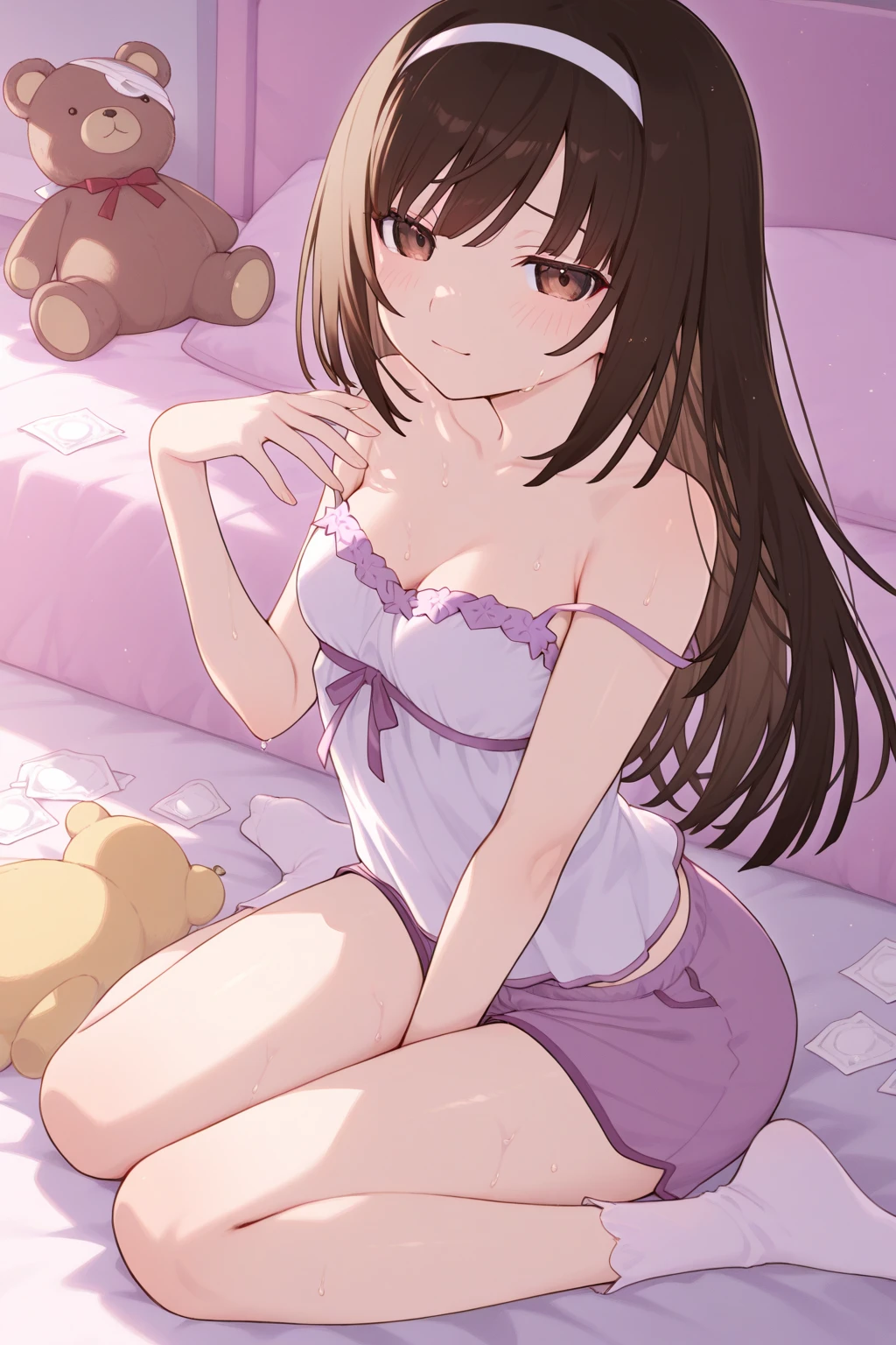 High resolution、4K quality、Highest quality、younger sister、Lolita、pantiesが床に落ちている、Surprised expression、白のコットンpanties、panties、used underwear、Crotch stain、Discarded underwear、panties単体、Laundry basket、strip、Underwear is scattered、Underwear is scattered、床一面たくさんのpanties、A messy room full of underwear、Undressing scene、Bras scattered around
