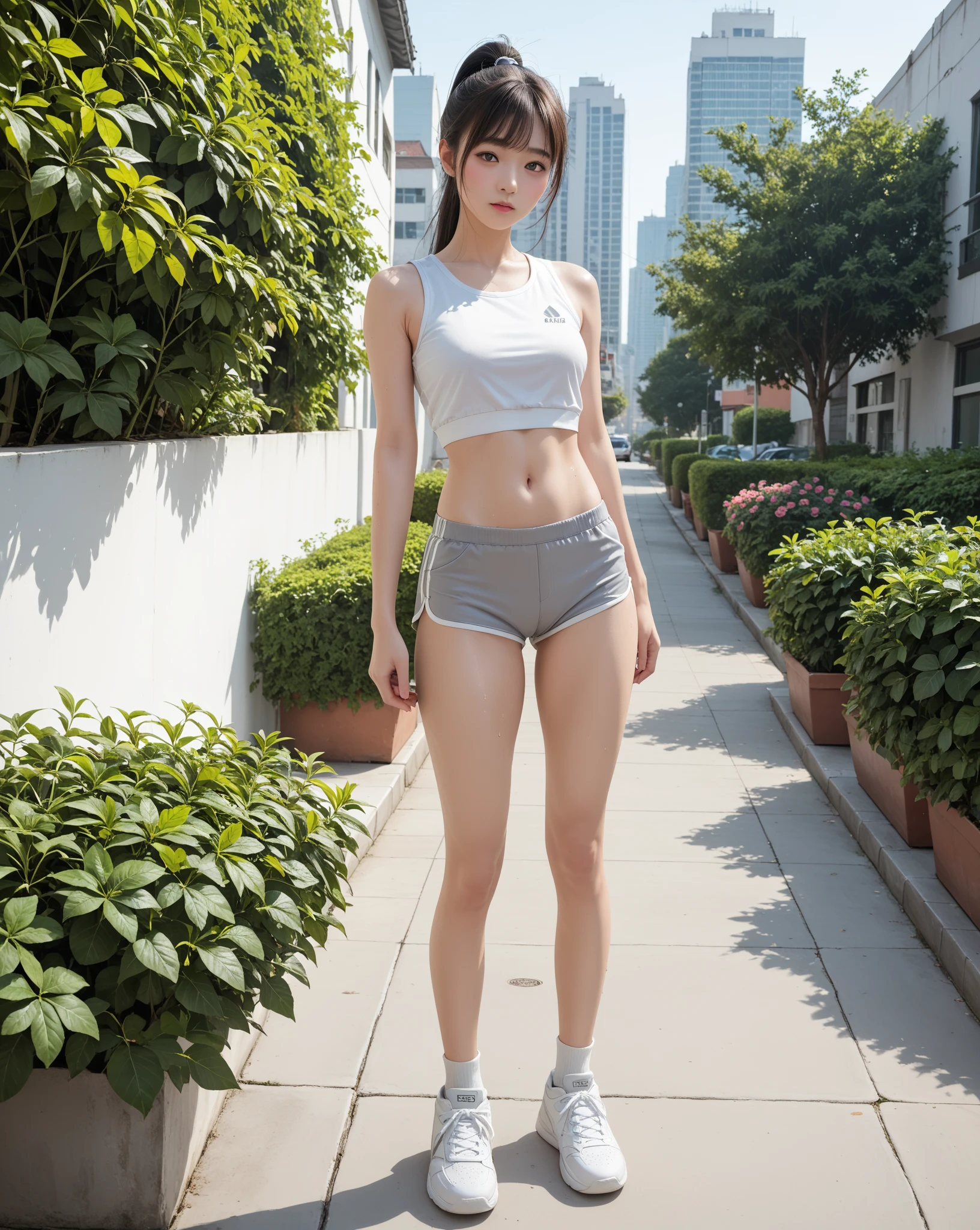 araffe asian woman in a white top and black shorts, photo of slim girl model, sport bra and shorts, photo of slim girl, sexy girl wearing shorts, fit dainty figure, wearing spandex bikini, 2 4 year old female model, skinny waist and thick hips, Bra and shorts streetwear, Beautiful Asian Girls, young skinny gravure idol, Gorgeous young Korean woman