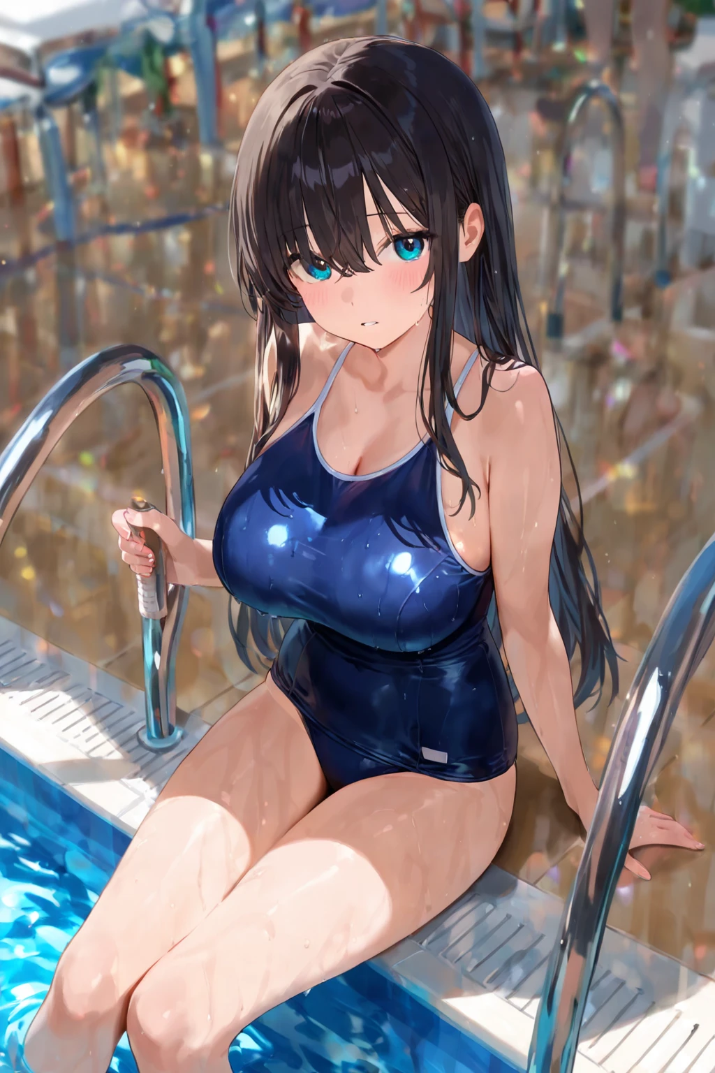 One girl, alone, blush, Big Breasts,
Bare arms, Wet, Pool,
Strap slip, Blue one piece swimsuit, Thighs, Arms at your sides, Bare arms, Cowboy Shot, Are standing,Open crotch、