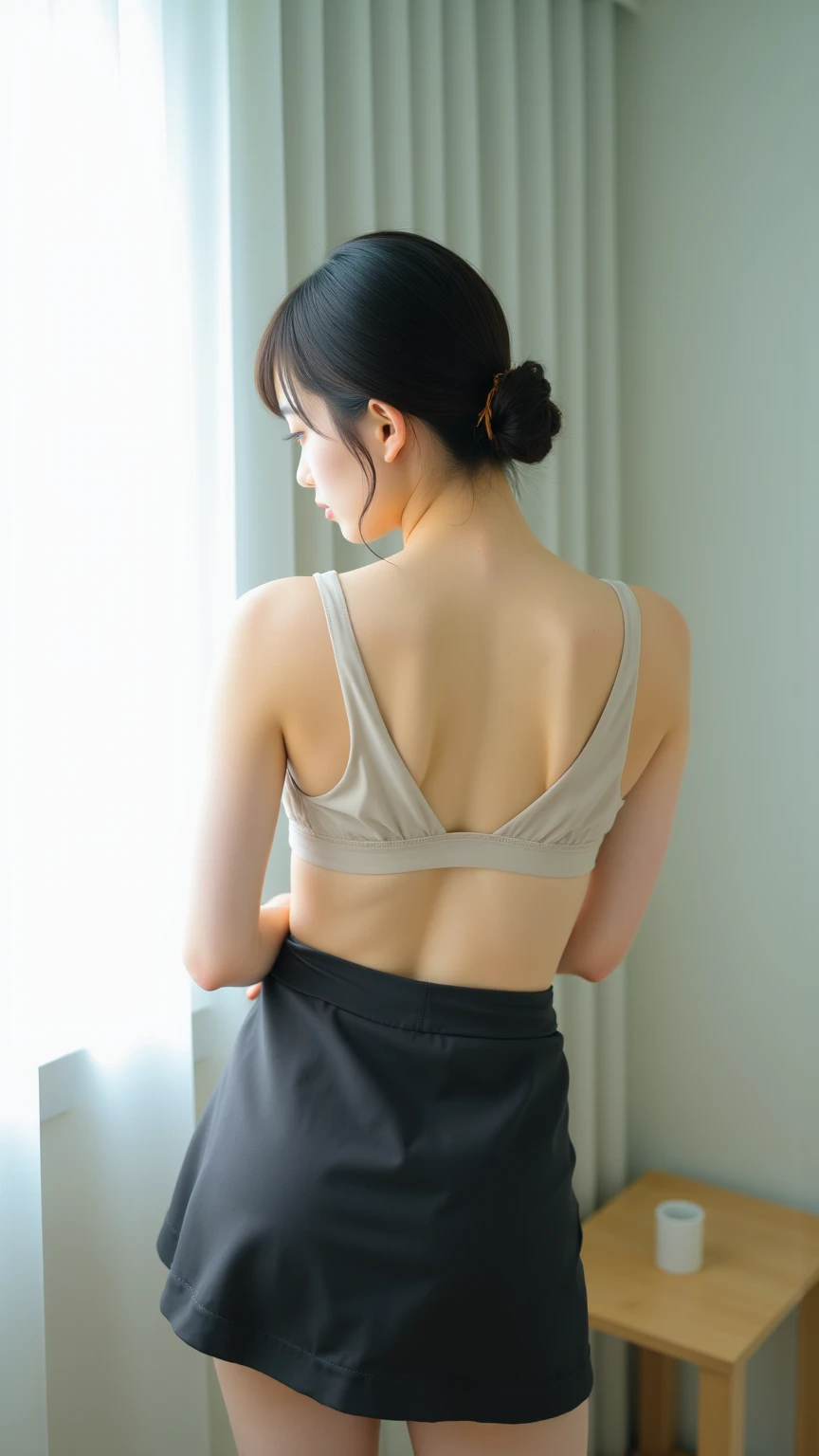 (((best quality))),(((ultra detailed))),(((masterpiece))),illustration,1girl,solo,short ponytail,slim,thin,((strapless,shoulder off,bare back,towering hips,butt crack)),white collar,white tank top,maxi navy-blue kendo hakama,standing in kendo gym,focused and determined expression,ready for challenge,slender and elegant face,confident and resilient,fair skin,blush,neat teeth,bright smile,clean and tidy uniform,wooden gym floor,wall,pine scent,standard grip,ready to slice through obstacles,strong belief,determination,spirit of resilience,admiring,((from back,upper body))