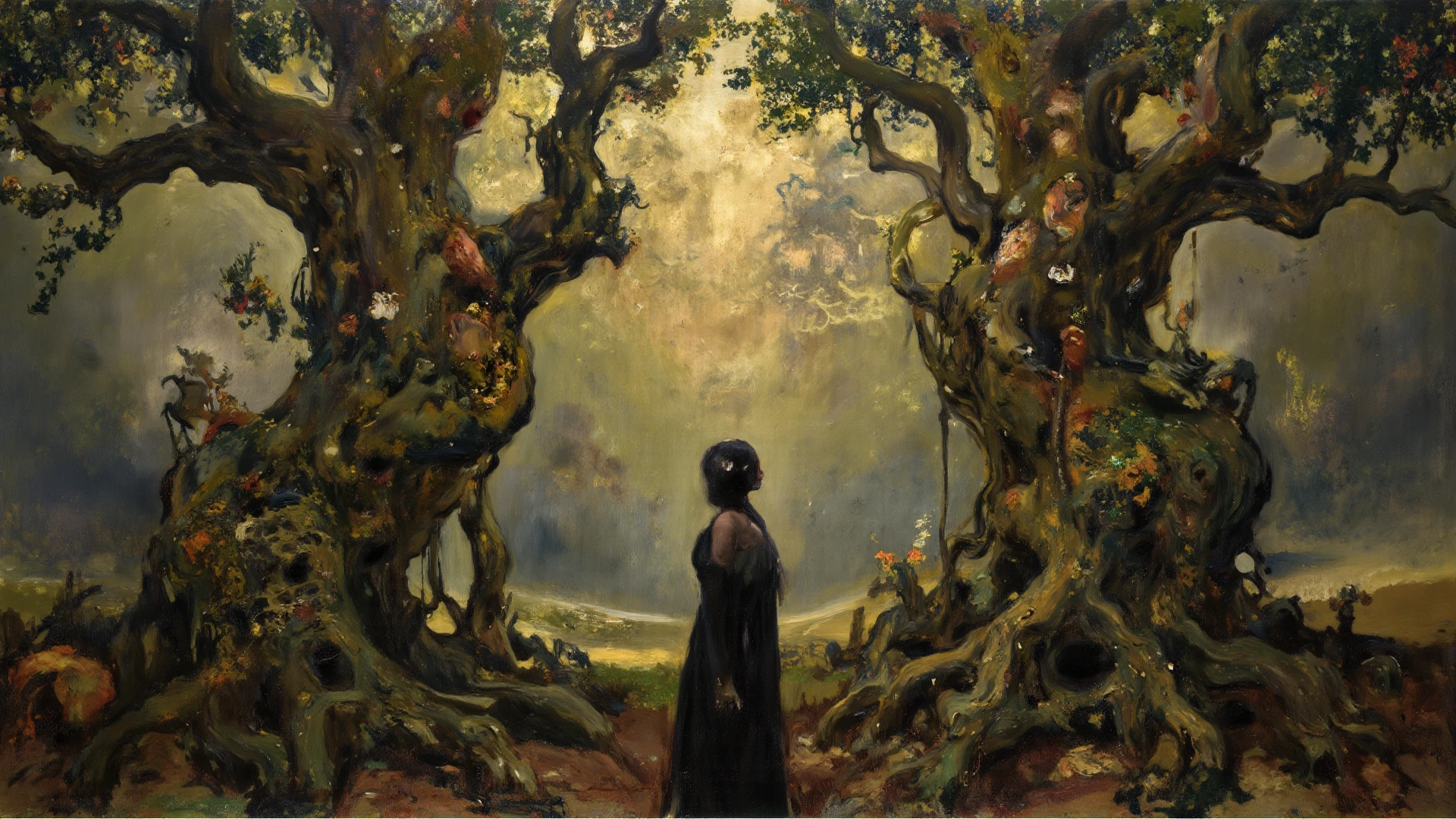 (masterpiece, best quality:1.4), (beautiful, perfect, delicate, detailed, intricate, aesthetic:1.2), (style of Igor Morski:1.4), (surrealism art:1.4), otherworldly, mutated nature woman, branches and vines intertwined with her limbs, blossoming flowers as hair, celestial backdrop, ethereal glow, captivating transformation, (celestial color theme:1.2), perfect lighting, perfect shading, <lora:more_details:0.7>,