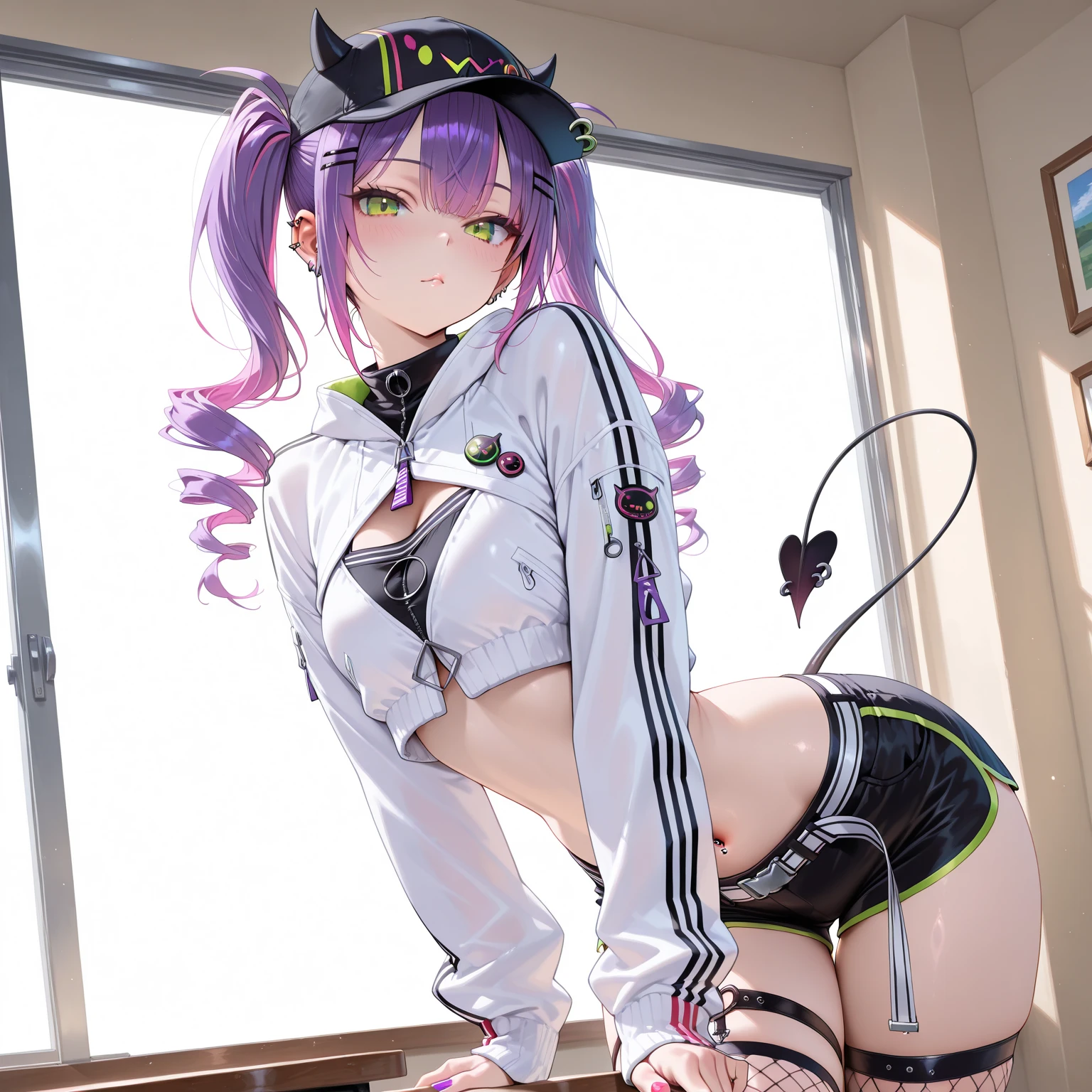 (masterpiece, Highest quality, Highest quality, Official Art, beautifully、aesthetic:1.2), (2 girls:1.8), Cinema Lighting、(Key Light：Front 45 degree angle, Subsidy light、Backlight、Shadow、Blue and orange color palette), Accurate human body、Someone knowledgeable、Correct five-finger、RAW Photos、 4K - ultra-vivid、Highest quality, masterpiece, Ultra-high resolution, (reality: 1.4), 

1 girl、／Pink long hair/、(((/Black and purple super shiny latex panties/)))、((( /Dark Skin/ , /White shirt and tie/ , high school girl、Pleated skirt , Cleavage ,Oilskin)))、(Shiny body: 1.5)、 Be embarrassed、(Ahegao:1.5)、((/Black Mask/))、Full of embarrassment、Sexy pose、((vapor))、/break/, On the bed in a love hotel、(((/Pink lighting/)))、dim, Nasty room、Desaturation in the room

(((Oilskin,Glowing Skin、Realistic skin texture、Beautiful skin in every detail、Shiny skin、Shiny skin)))、


Upper Body Shot, Low camera angle, Written boundary depth, Focus on the center, Fine Eyes, Perfect face and eyes、

1 girl、
17 years old, (Goth Makeup), (White skin), (T-shirt and skirt), (Show below ), (Fishnet tights), (Belly Button Jewelry), (Earrings), (Earringsのついた唇), /Purple eyes/, /Short black emo hair/, (Big Breasts), (8K), (wallpaper), (Dynamic Lighting), (Detailed face and eyes:1.2)、Short skirt、Low-cut platform boots and oversized shirts、Off the shoulder, /break/