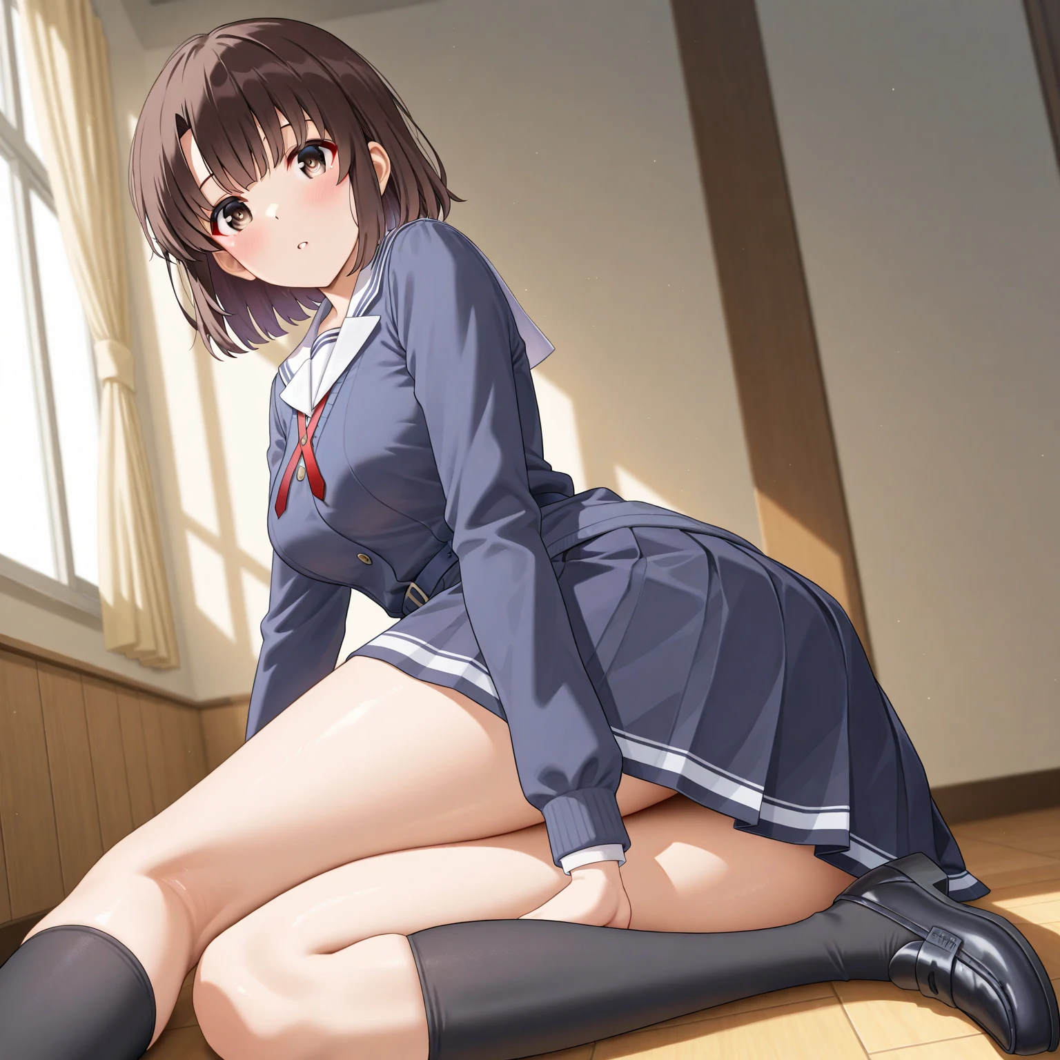 1girl in,Sitting,Looking at Viewer,Tomomi_Xijing, bow ribbon, Short hair, ,red ,Winter clothes,Long sleeves,Panties,Perfect Lighting,1girl in,, up skirt,Best Quality,Skirt lift,up skirt,,Smile,blush,anime screen cap,Flat color,cel shading,((tucking up the skirt)), catch a skirt,((Panties)),short torso,Show  off panties,pantyshot,