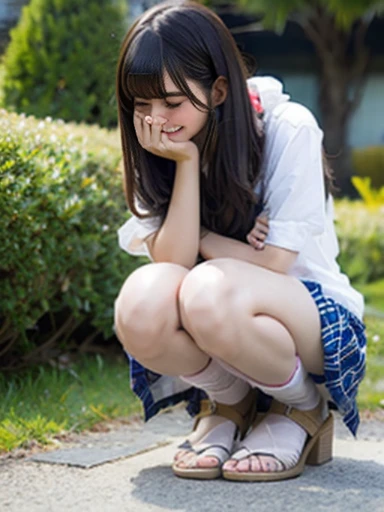 Crouching with legs apart, showing pussy, lots of pussy juice, creampie, peeing, short haired girl, embarrassed, crying, lots of passersby