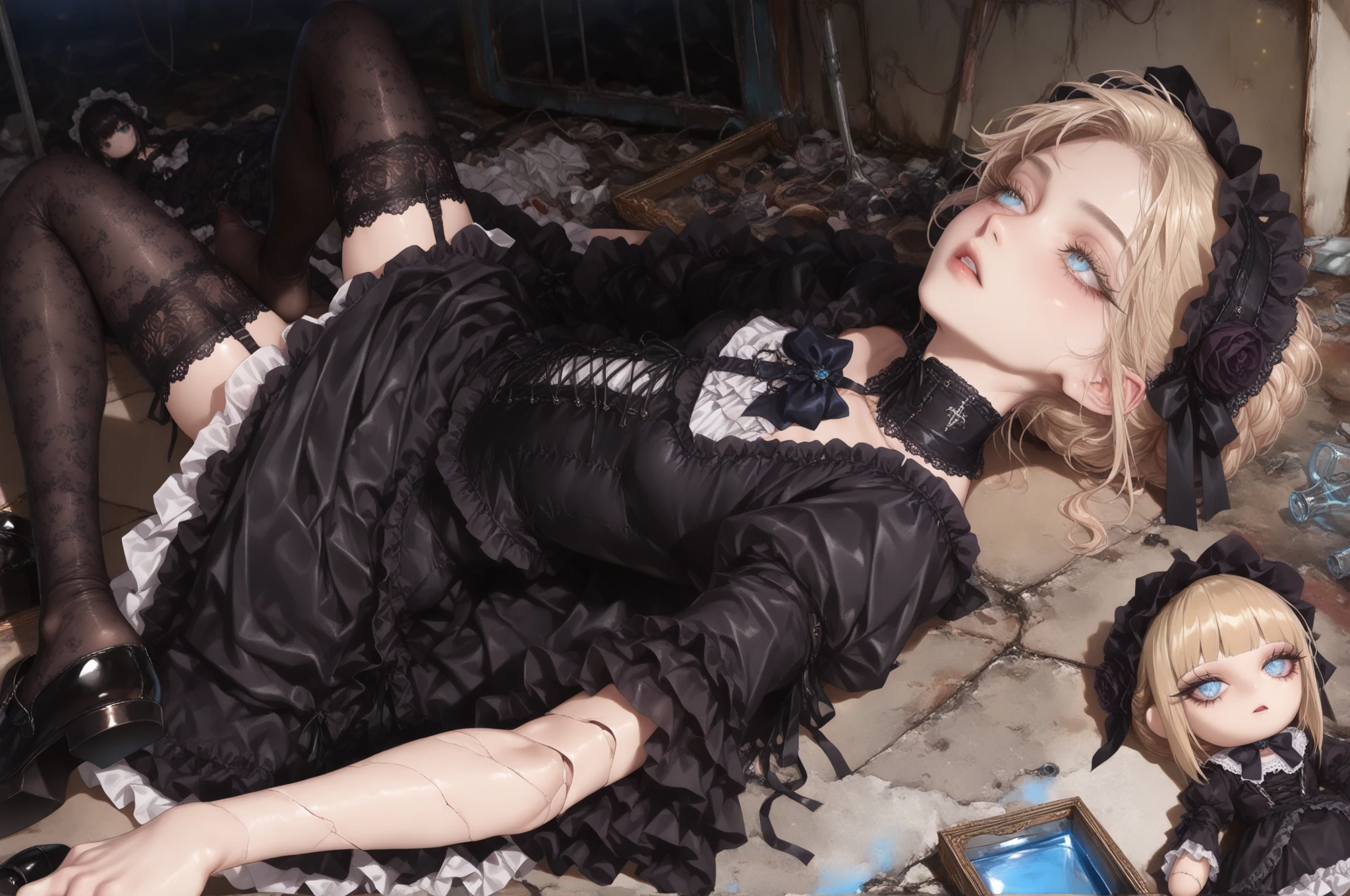 (soft lighting, natural light, simple background, random background, blurred background, bokeh background, dynamic angle, rating_explicit, perfect hand according to , slim body beauty,  young girl, detailed face and eyes), 

(1 Female, solo, Abandoned doll lying on the floor of an abandoned house. Head tilted, limbs spread, wearing antique gothic dress, headdress, stockings, one shoe. Sex doll, blonde hair, twist updo, blue glass eyes, long eyelashes, staring into the distance, parted lips:1.3), 