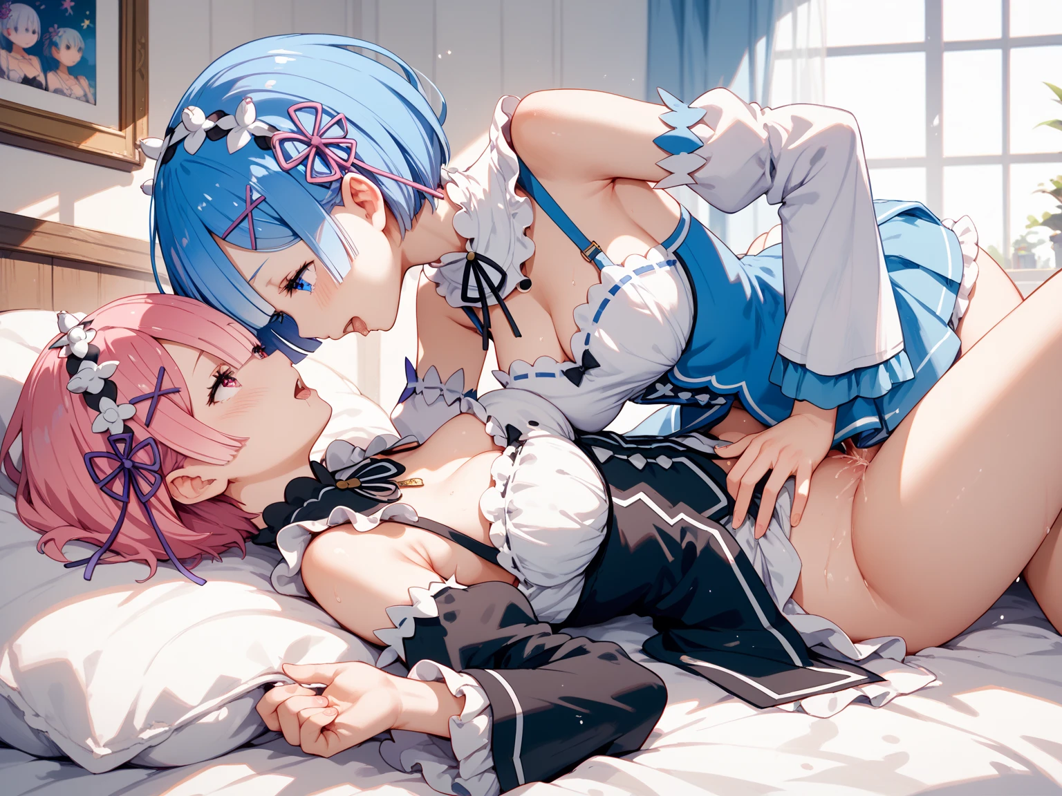 nsfw,((One Man and Two Women,Having sex)),lying down,Lift both legs,Sex,Light blue hair,Light pink hairstyles,Cat ear,Pink Eyes,light blue lolita,White socks,,Pink ribbon,Open Mouth Smile,Best image quality,Highest quality