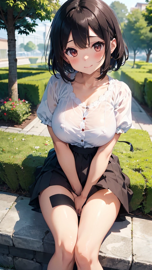 very cute and beautiful girl,(highly detailed beautiful face),(smile),blush, cowboy shot, BREAK standing, (skirt lift:1.3), show off panties, panties pull, (white panties), hair ribbon, black hair, black dress, (school uniform), (shuuchiin academy school uniform), long sleeves, armband, ribbon, (red ribbon, neckband), BREAK flower garden, narrow stone pathway, shrubbery, distant trees, (best quality,masterpiece:1.0), absurdres, highres, ultra-detailed, extremely detailed,32k,8k resolution, intricate details, cinematic scene, detailed background, solo, dynamic angle,(open shirt:1.8),(show off nipples:1.6), (exposing bare breasts:1.3), (exposed chest:1.3), (no bra:1.3),(very flat chest1.6),(very short miniskirt1.6),belly button