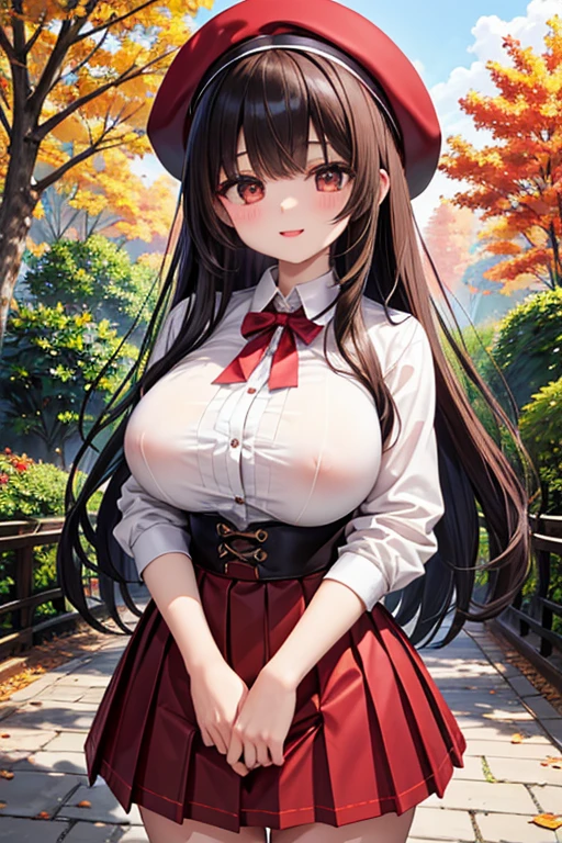 Black Hair　Long Hair　Japanese women　Tartan Skirt　White blouse　Slender body　ＦCup boobs　Pitiful　clear　glossy　gracefulness　Mature face　Facing forward with a smiling face　breast enhancement　Mountainous area　Valley　Clear Stream　autumn leaves