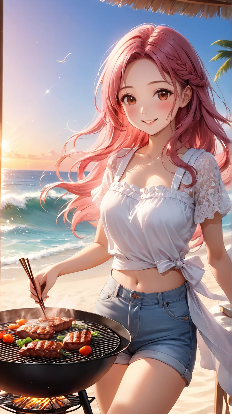 A girl in a micro bikini making yakisoba