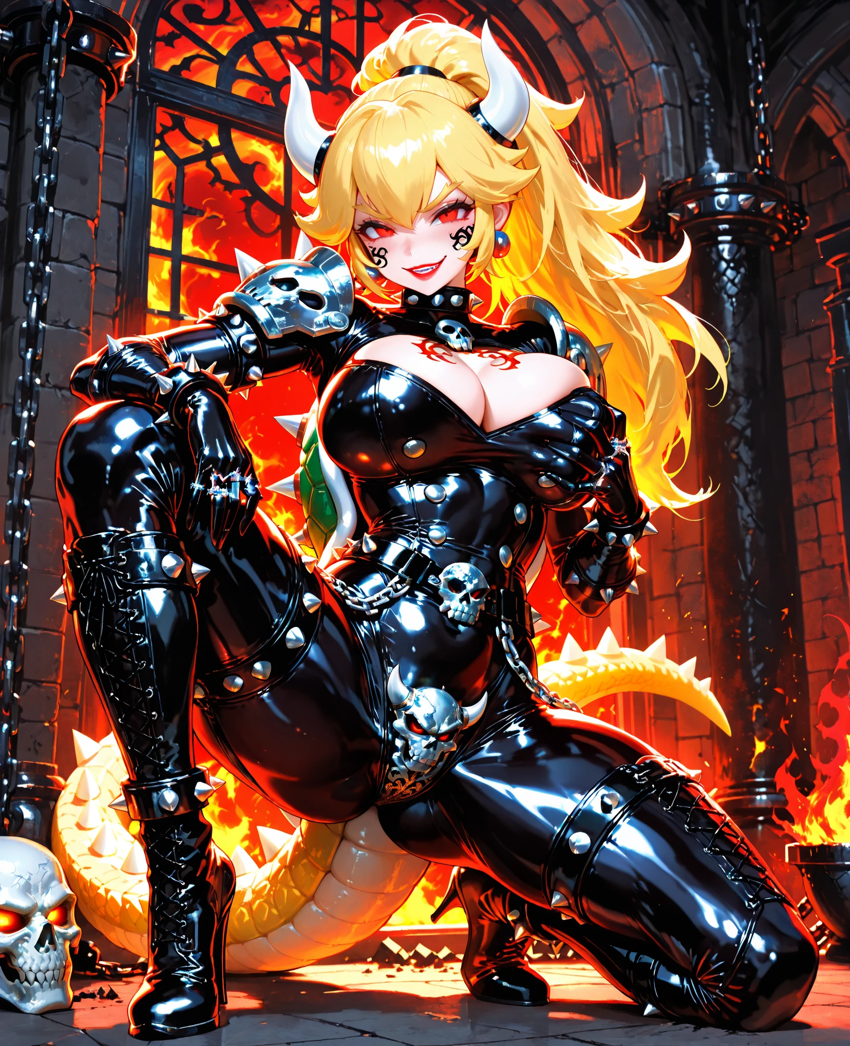 ((high detailed, best quality, 4k, masterpiece, hd:1.3)), ((best quality)), (((HD))), (((8k))), (ultraDH), (ultra HD), Princess Daisy, blue eyes, BREAK blue eyes, seductive, attractive, smooth anime cg art, 36C breasts, long legs, vivid colors, detailed digital art, slim body, perfect skin, dark blonde hair, long hair, blonde hair, blonde hair, BREAK crown, cleavage, 36C cleavage, looking at viewer, BREAK looking at viewer, extremely detailed face, red santa suit, red santa claus suit, santa claus suit, earrings, gem, dark black makeup lips, dark gothic eyeshadows, dark eyeshadows, black eyeshadows, black sexy lips, black lips, (dark:1.2), dark lips, very dark lips, (perfect hands, perfect anatomy), black makeup, black medium lips, black thick lips, detailed fingers, five fingers per hand, 5 fingers, (1 girl), detailed lips, detailed black lips, black painted lips, gothic painted lips, BREAK night, night sky, (breast focus), (arms outstreched:1.2), (from above:1.1), (breasts out:1.3), (off shoulder:1.1), (white horns), (corset), inside a lava castle, she inside a sea of lava, she bathing in lava,