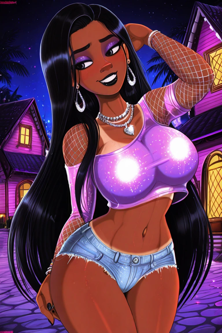 2 dark skinned girls, very detailed purple irises, topless, see through dress falling off, no panties, huge exposed tits, tits leaking milk ,covered in cum, 8k, highest quality, slave collar, dirty street corner, late at night, busy crowd around, heavy makeup, dark lipstick